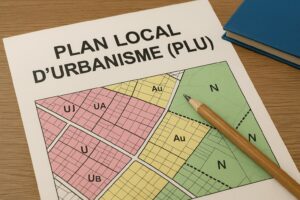 Document officiel du Plan Local d’Urbanisme (PLU) avec carte colorée des zones constructibles et non constructibles.